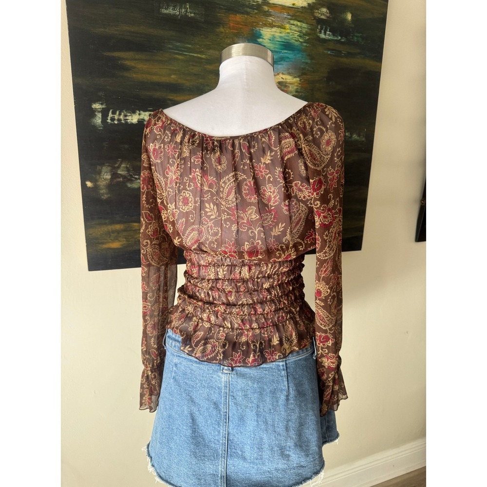 INC Blouse 6 Brown Paisley One Shoulder Smocked Silk Top Sheer - Picture 2 of 4